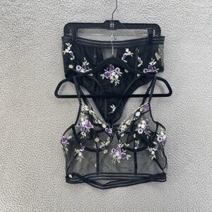 Sexy Bra Panty Set Women Extra Extra Large Black Mesh Purple Floral Embroidery